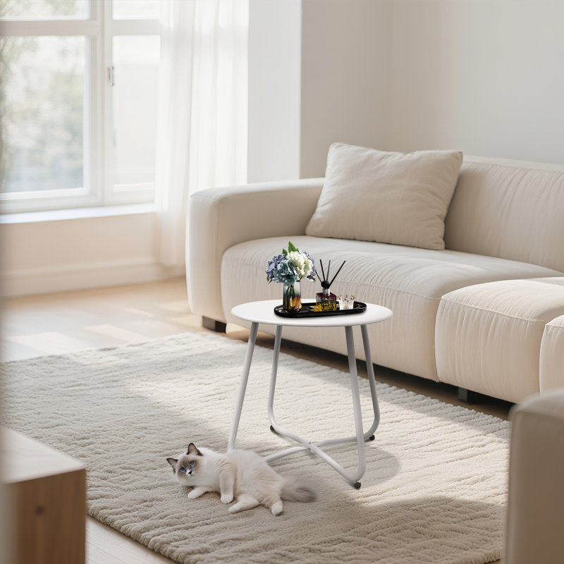 Outdoor Side Table, 18'' Round End Table With Square Feet, White