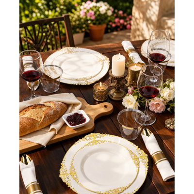 Service de vaisselle 350 pièces en plastique ivoire doré pour 50 personnes, assiettes jetables, tasses, serviettes de table, argenterie, fête