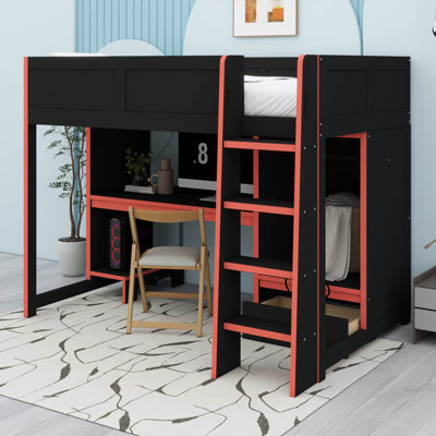 Gaming Loft Bed  Frame With Desk And LED Lights, Storage Drawer,Shelves And Wardrobe