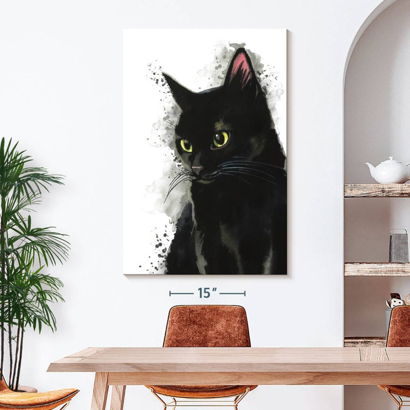 Simple chat noir sur toile, H 48 po x l 32 po x P 1,25 po