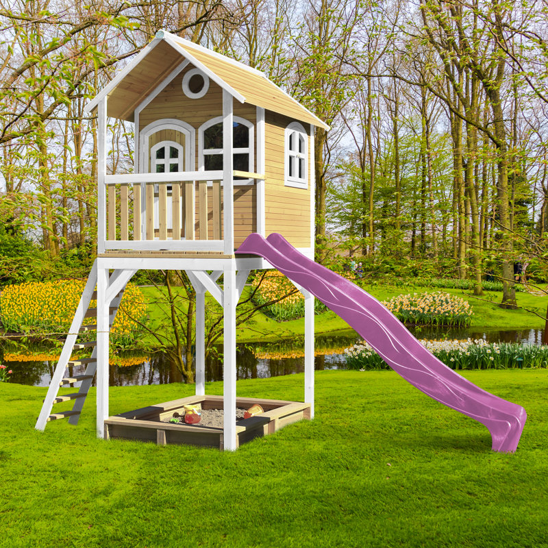Lorraine Freeport Park 191cm W x 420cm D Outdoor Solid Wood Luxury Playhouse, Brown/White/Purple