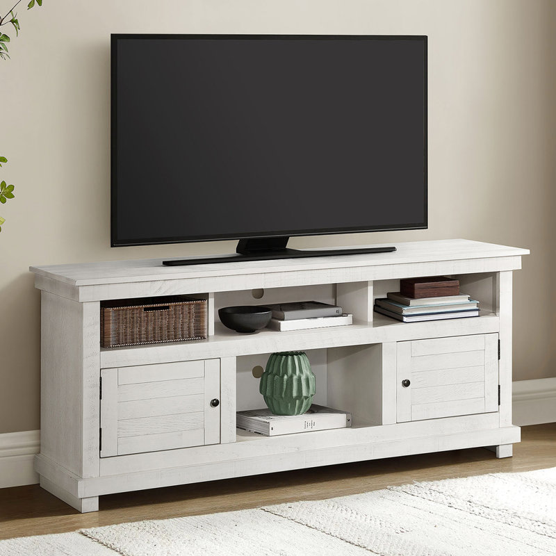 Meuble télé 60 po en bois avec finition vieillie, deux tablettes ouvertes pour les accessoires de jeu et six accessoires à compartiments de couleur blanche, un lieu à la mode décontracté
