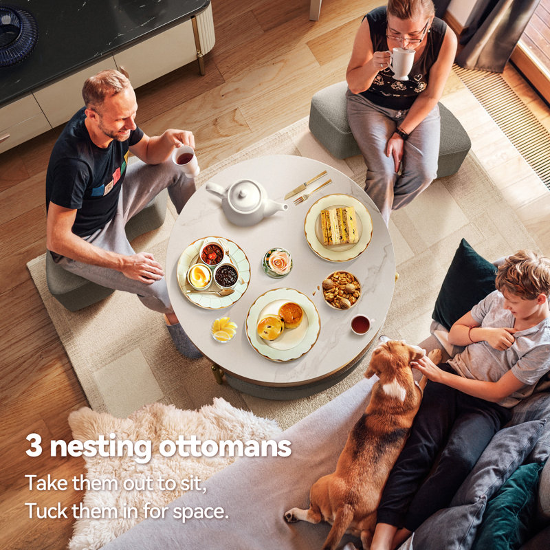 Bulverde Lift Top Extendable Frame Coffee Table with Storage 3 Stools, Stainless Steel Legs