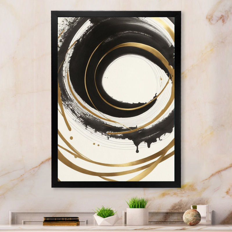 «Black and Gold Curves III» - art mural moderne sur toile, H 20 po x l 12 po x P 1 po, Cadre photo noir