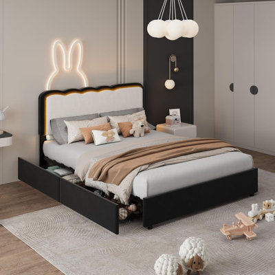 Structure de lit grand tapissier à DEL avec 2 tiroirs de rangement, lit plateforme en velours avec tête de lit double chic pour filles / enfants / garçons, support de lattes en bois ferme, aucun sommier tapissier requis, noir