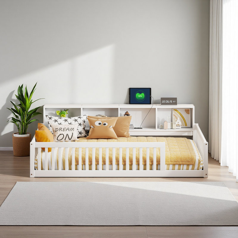 Lit en bois simple TG avec rangement et ports USB, Blanc