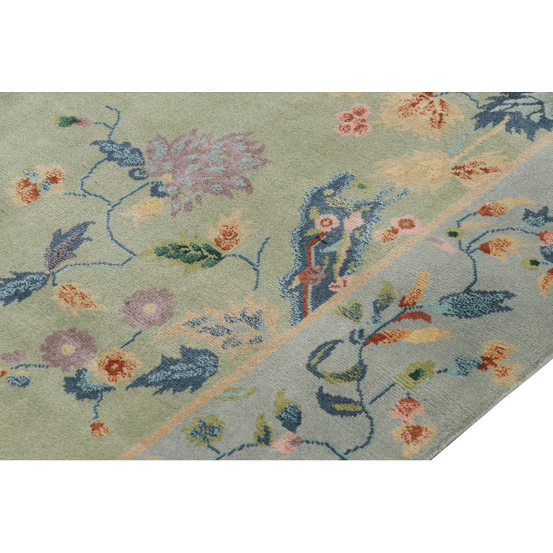 Art Deco Hand Knotted Wool Floral Area Rug, Rectangle 5' x 8'