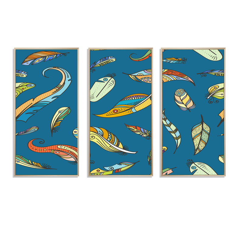 «Whirling Boho Feathers of Blue», reproduction de cadre flottant sur toile 3 pièces, H 20 po x l 36 po x P 1 po, Cadre brun
