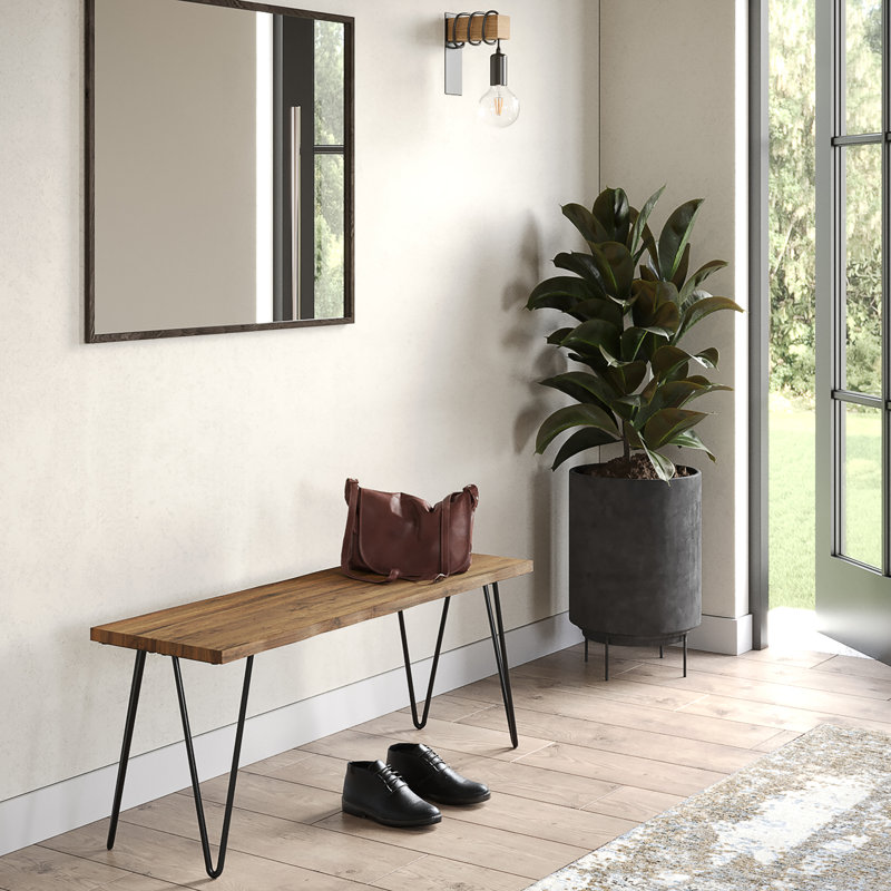 Natural Mango Wood Bench with Black Metal Hairpin Legs