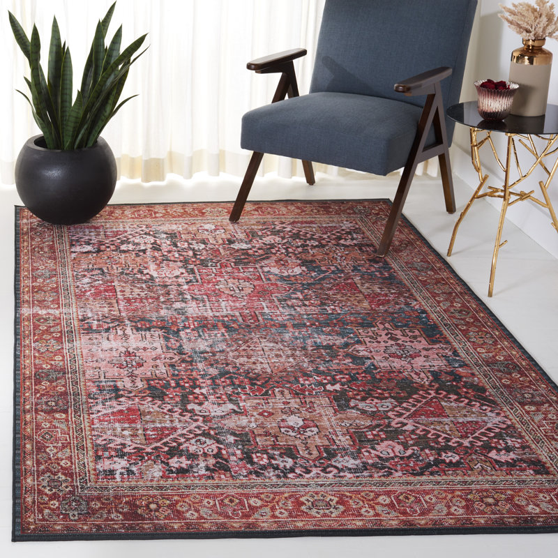 Tucson Vintage Look Machine Washable Non-Slip Area Rug in Red, Navy & Beige, Rectangle 152 x 244 cm