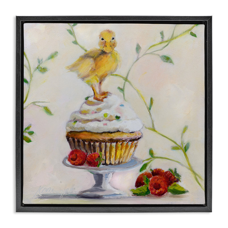 «Baby Duck on Raspberry Cupcake», art mural sur toile flottante encadrée par Karen Weber, Cadre flottant noir de jais