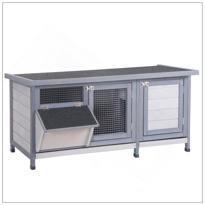 Cage à lapin spacieuse en bois avec toit imperméable, bac anti-fuites et auge pour utilisation intérieure / extérieure, gris