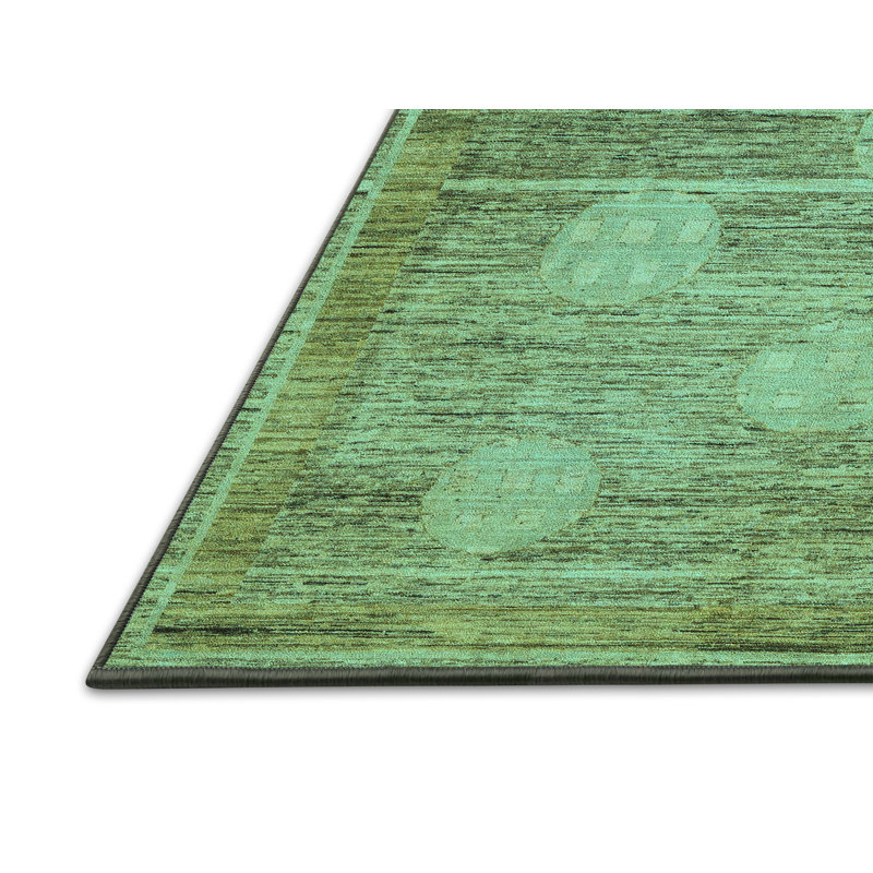 Tapis turquoise / vert / gris en laine et polyester tissés à la machine Devionte, Rectangle 5 pi x 8 pi