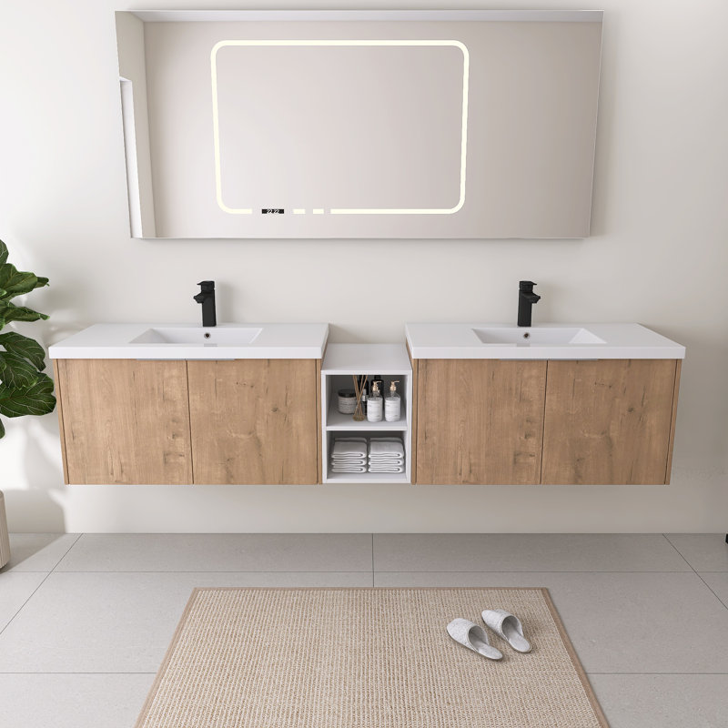 Acorn 84" Wall Mounted Double Bathroom Vanity Set With Resin Sink，A Small Storage Shelf, 84", Beige