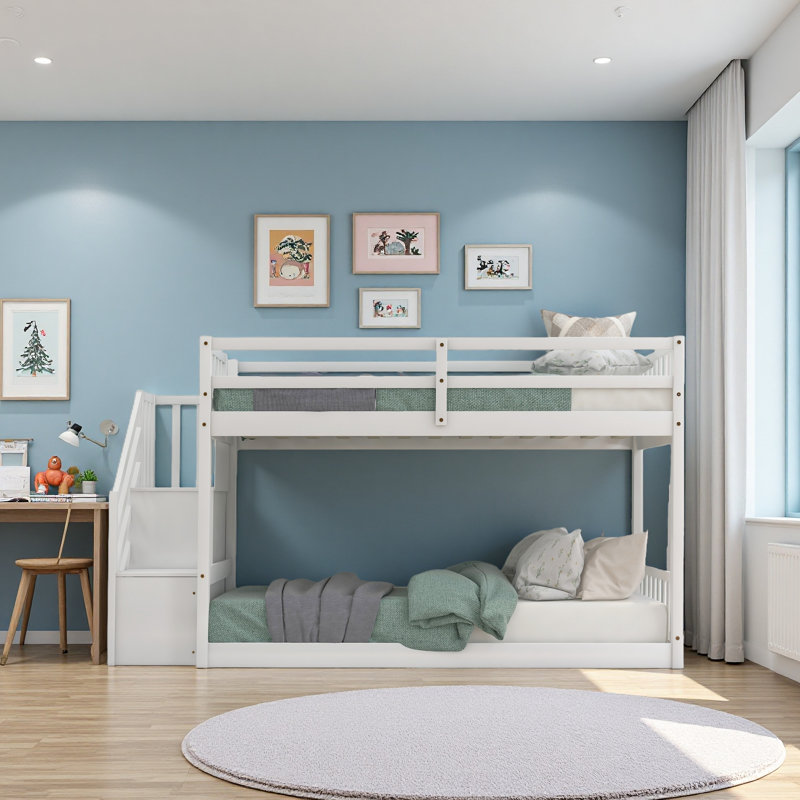 Lit superposé simple au-dessus d'un lit simple, échelle avec rangement, Blanc