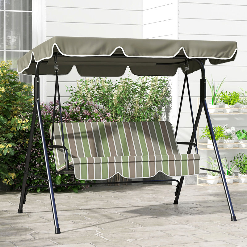 Balancelle d'extérieur 3 places avec coussin amovible, support en acier et auvent inclinable pour patio, jardin, piscine, balcon, cour, beige et vert