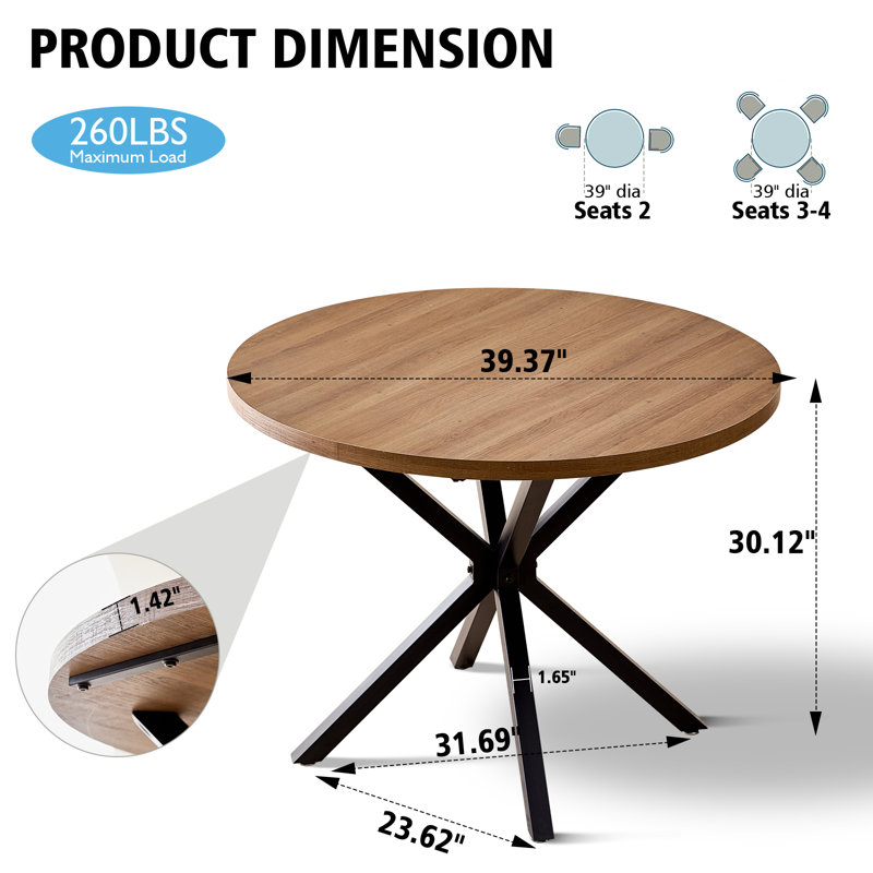 Table de salle à manger ronde de 99 cm (39 po) pour 4 personnes, style ferme moderne, piètement stable en métal en forme de X, marron