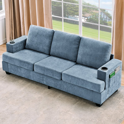 Modern 3-Seater Sofa, 89" Chenille Couch with Deep Seat, Cup Holders & Side Storage Pockets – Comfortable Living Room Sofa for Apartments, Lounges, and Small Spaces