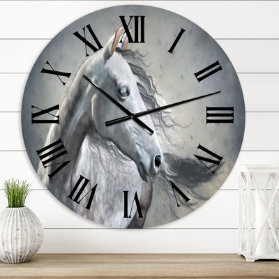 Monochrome Portrait Of A Wild Horse - Farmhouse wall clock