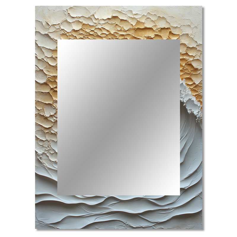 Beige et blanc, lever de soleil abstrait Waves I - grand miroir mural spirales abstraites, miroir doré unique, impression sur métal