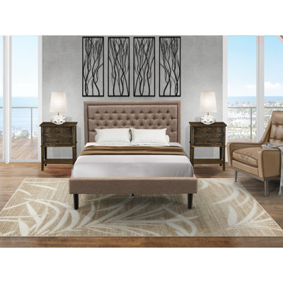 3 Piece Queen Bed Set - 1 Queen Bed frame Brown Linen Fabric Padded and Button Tufted Headboard with 2 Modern Nightstand - Distressed Jacobean Finish Nightstand