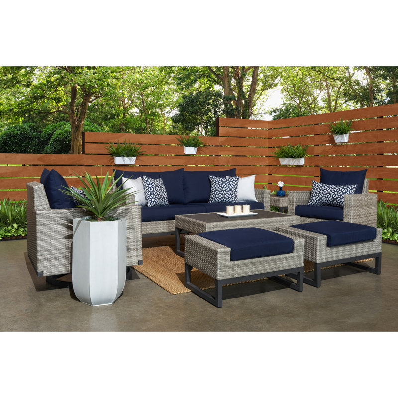 Sameko 7 Piece Rattan Sofa Seating Group With Sunbrella Cushion Covers, Gray, Cast Coral Sunbrella® Plainweave