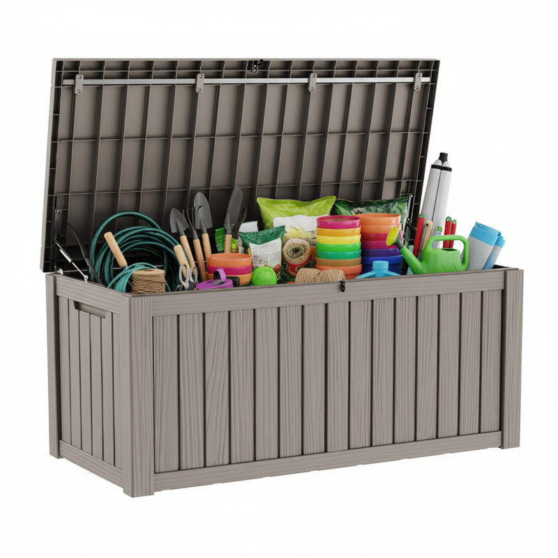 120 Gallon Wood-grain Style Lockable Deck Box, Water Resistant Resin, Brown