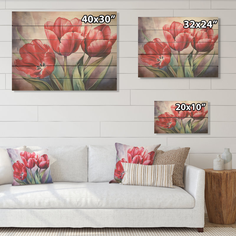 Tulips Tranquility - Tulips Wood Panel Wall Art On Natural Pine Wood, 10" H x 20" W