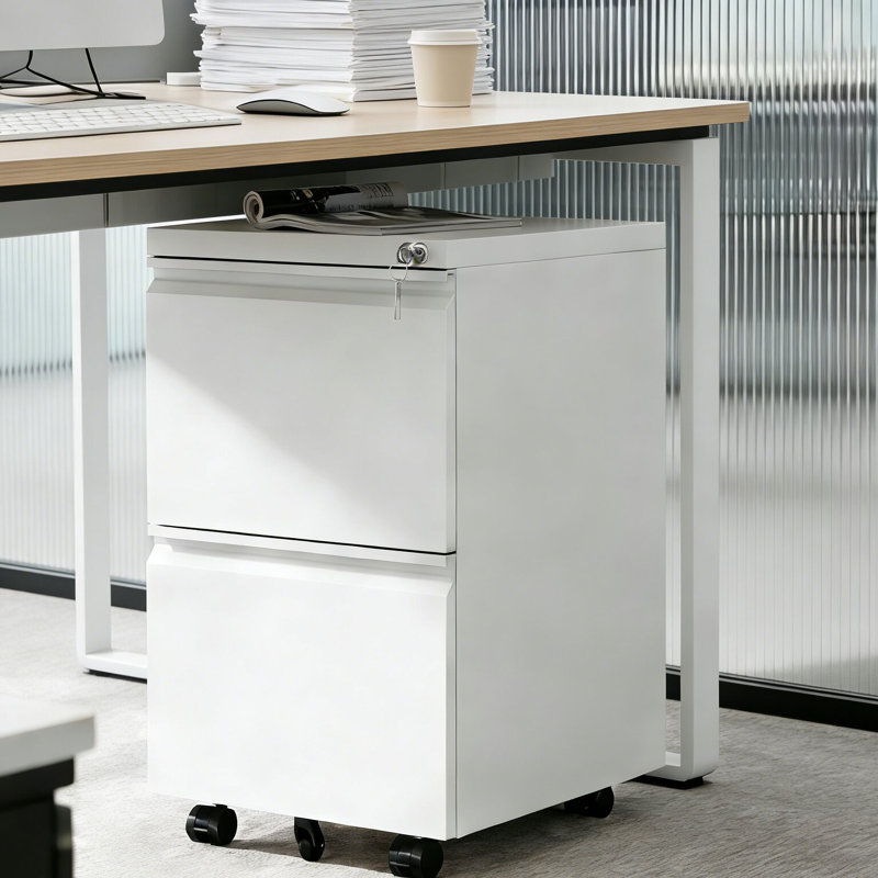 Classeur mobile en métal 2 tiroirs de style moderne avec serrure et roulettes, Blanc