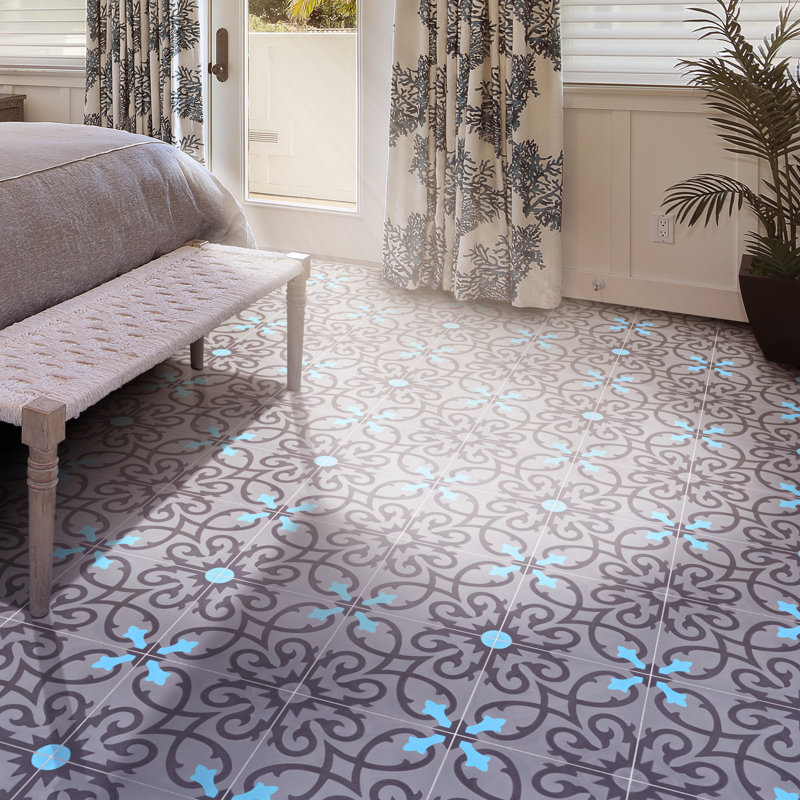 Agadir 8" x 8" Cement Patterned Wall & Floor Tile, Gray/Black/Blue