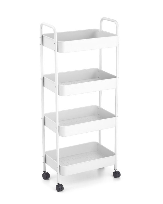 4 Tier Shelf Plastic Slim Storage Trolley Cart Castor Wheels Kitchen Organiser, White