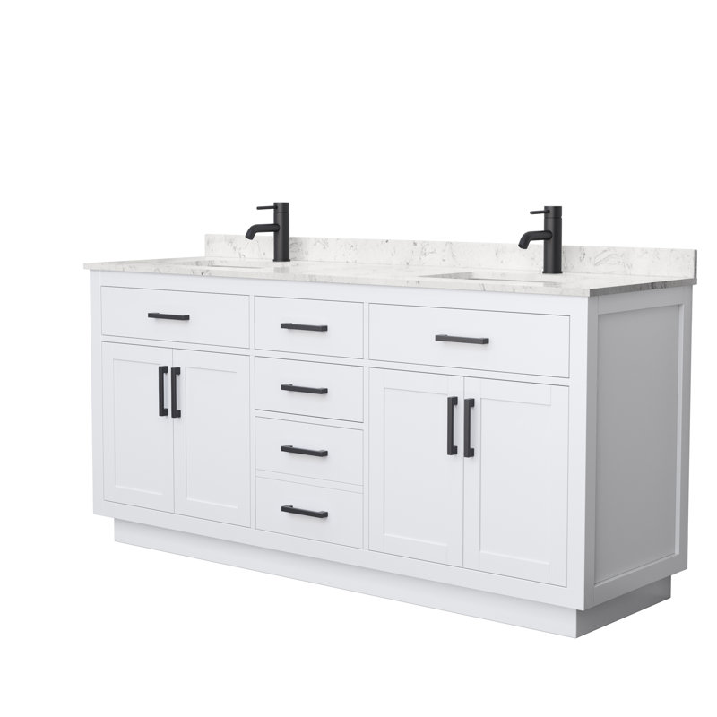 Beckett TK 72'' Free Standing Double Bathroom Vanity with Top, Carrara Cultured Marble, White, Matte Black