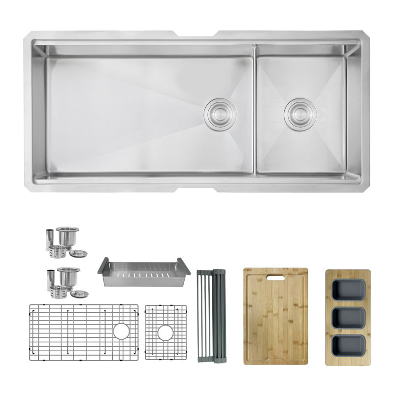 Évier de cuisine à double cuve réversible en acier inoxydable brossé 70/30 de calibre 16 de 42 po x 19 po avec accessoires intégrés