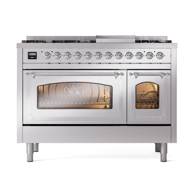 ILVE Nostalgie II Series 48 in. Dual Fuel Range with 8 Sealed Burners, Griddle (Liquid Propane, Glass Door)