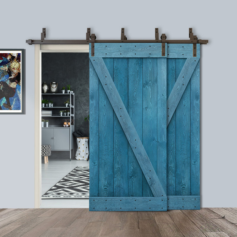 Porte de grange à panneaux et en bois avec quincaillerie d'installation, 80 po x 84 po, Bleu océan