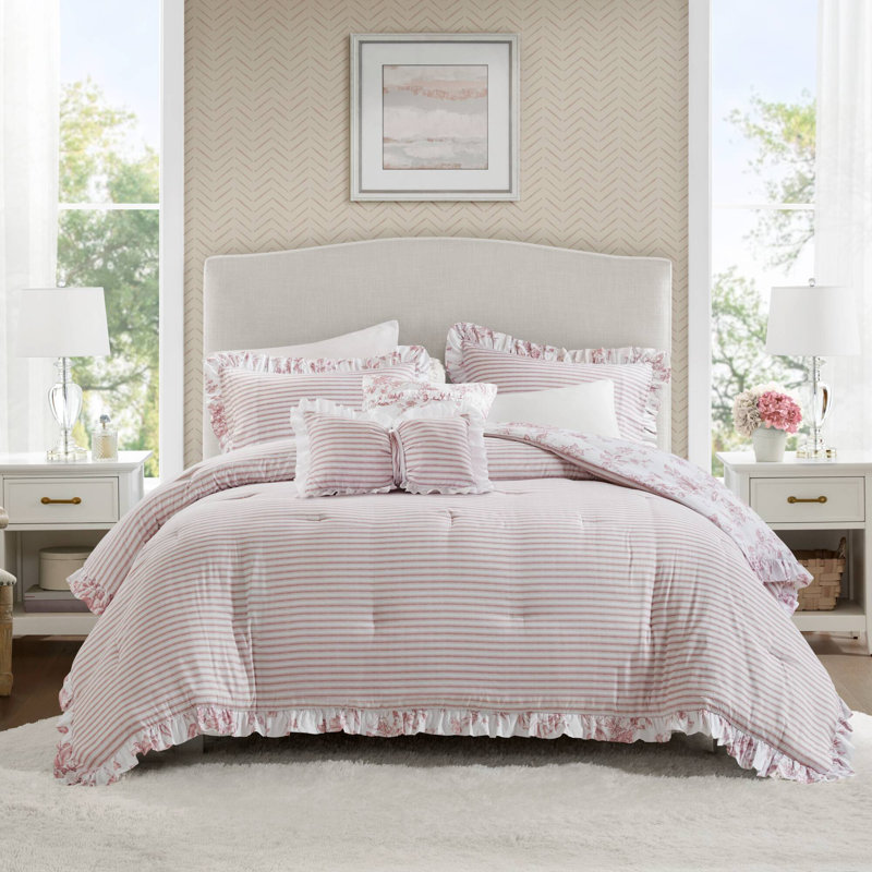 Ensemble d'édredon 5 pièces Adele, Motif floral rose, Édredon double/grand + 4 pièces additionnelles