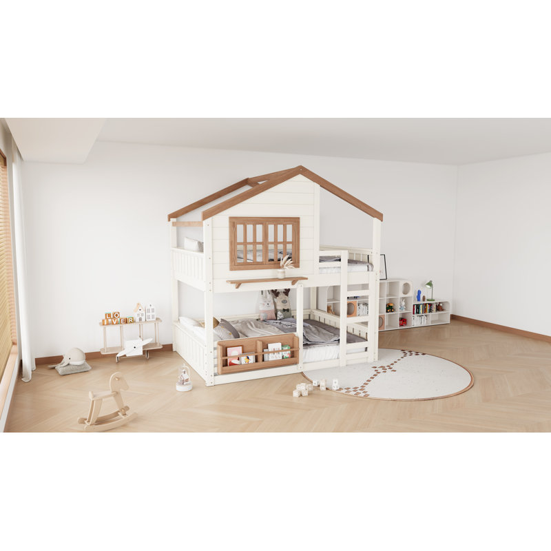 Loft Bed Set With House Design, Premium Pine Wood, Space-Efficient Structure, Beige