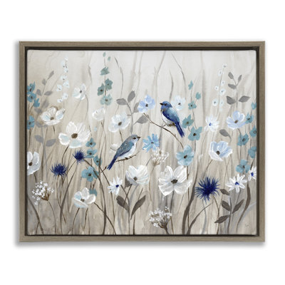 Birds Floral Meadow Blossoms Brown Grain Framed Floater Canvas Wall Art by Nan