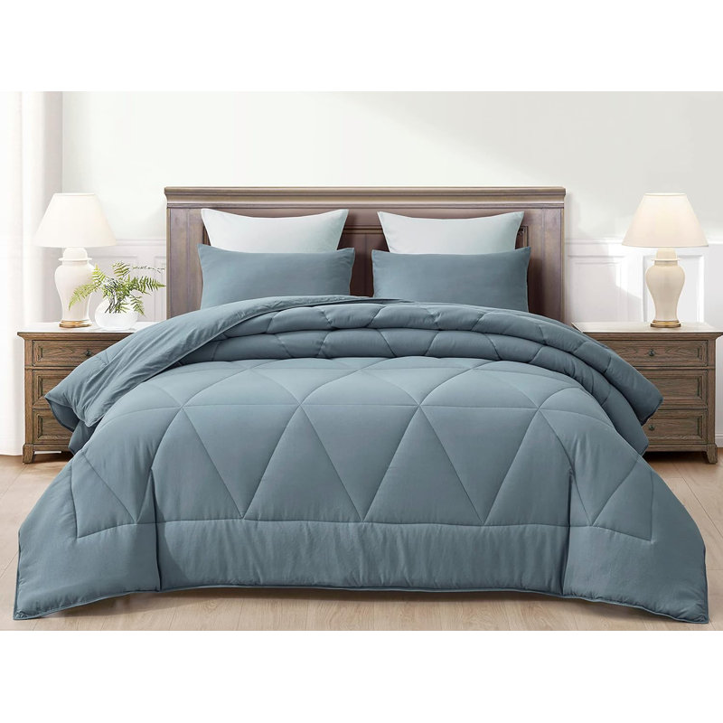 Washed Microfiber Bedding Polyester Comforter, Dusty Blue, Oversized King Comforter + 2 King Shams