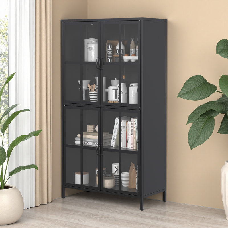 Armoire de rangement en métal de qualité supérieure avec portes en verre trempé, tablettes réglables, dispositif anti-basculement, fermeture magnétique silencieuse et pieds réglables