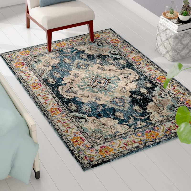 Almyra Oriental Area Rug, Round 8', Navy/Light Blue