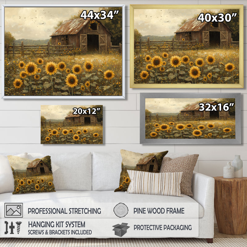 Dorit tournesols autour de l'écurie cheval I - tournesols, art mural, Argent argent, Impression encadrée flottante