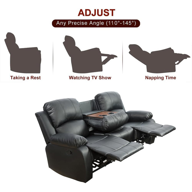 Canapé inclinable 3 places, Black Faux Leather