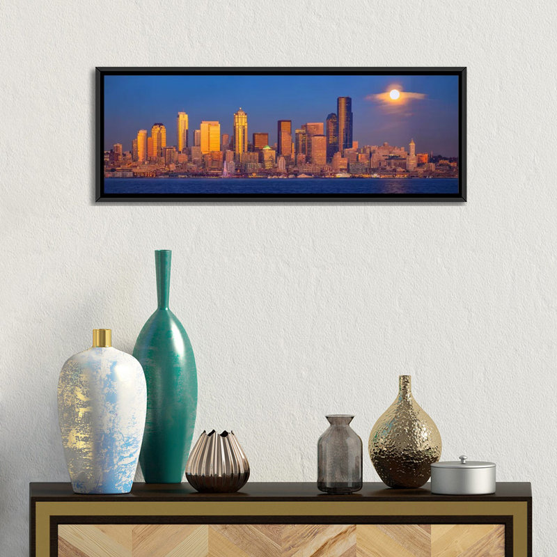 «Moon over Seattle Seattle Washington», reproduction de photo sur toile, H 12 po x l 36 po x P 1,5 po, Cadre noir