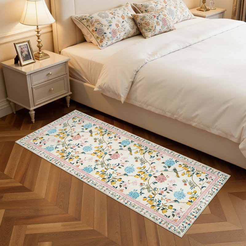 Tapis floral lavable antidérapant Botanical, Beige/Pink, 2'x 5'