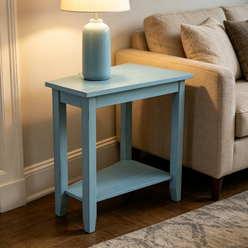 Table d'appoint en Parawood massif avec surface de bloc de boucher et tablette inférieure, finition bleu océan antique