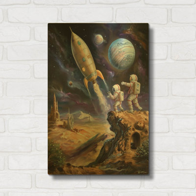 « Illustration spatiale rétro-futuriste 1 » par Momart, décoration murale en métal doré, 40,6 x 61 cm