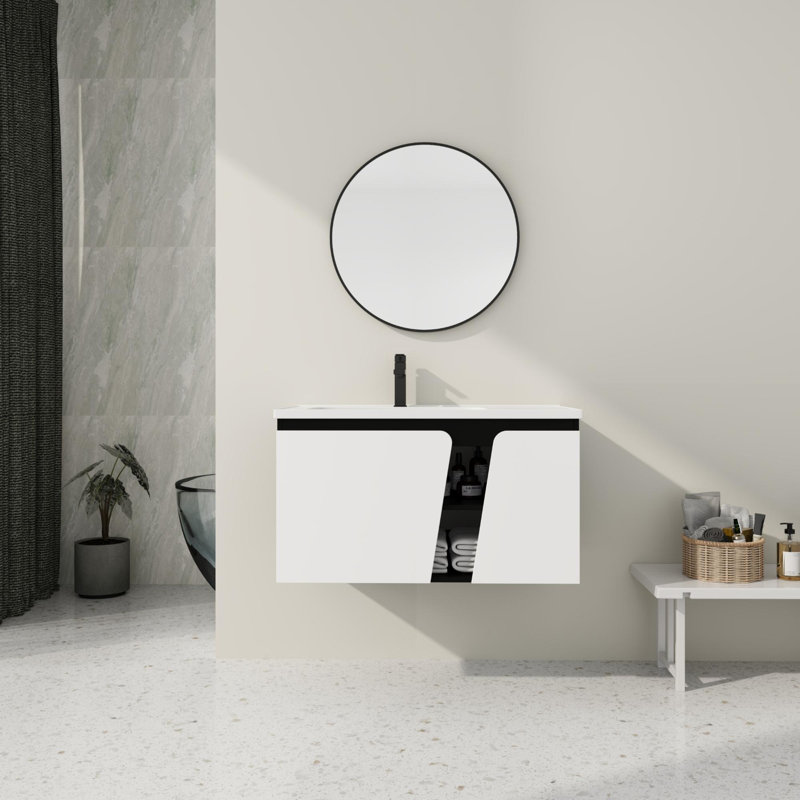 Meuble-lavabo mural moderne avec lavabo en céramique, 35"