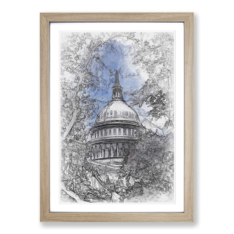 Capitol Hill & Cherry Blossom Tree in Abstract - Picture Frame Graphic Art Print, 87cm H x 62cm W x 2cm D, Oak Framed