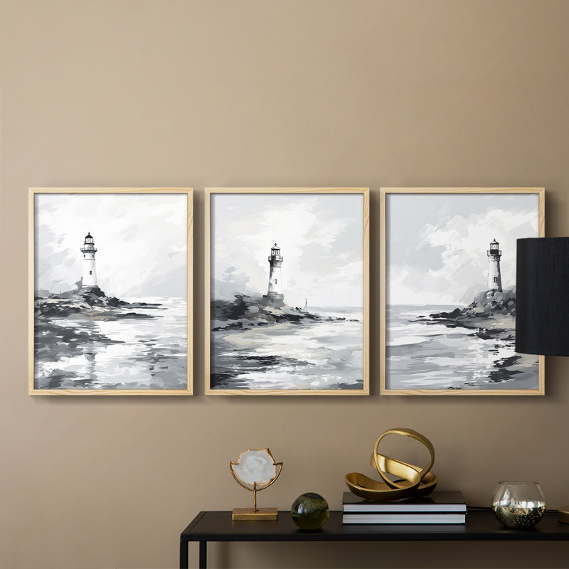 Série Sea and Shore Cxxxi - Ensemble de 3 estampes numériques encadrées - Prêt à être accroché, Encadré naturel